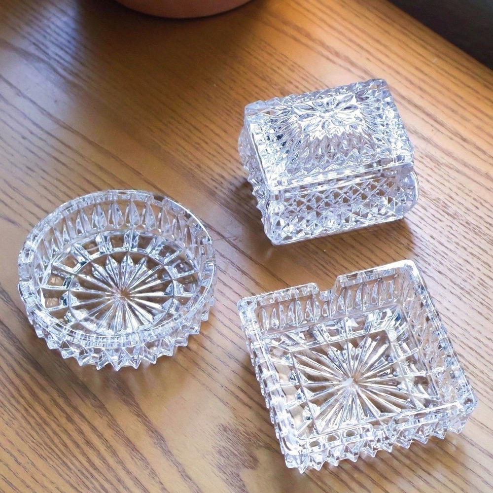 Clear Pressed Glass Vanity Set Trinket Box Two Ashtrays Starburst Design